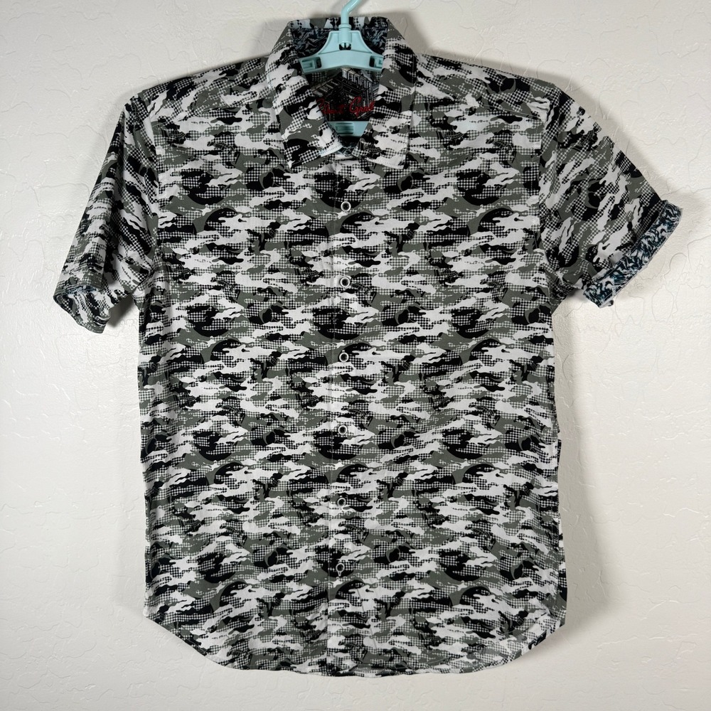 Robert Graham Shirt Mens Small Green‎ Camo Skull Print Short Sleeve Shirt Flip
